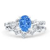Two Piece Oval Blue Topaz CZ Leaf Style Chevron Rings 925 Sterling Silver
