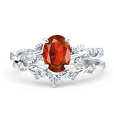 Two Piece Oval Garnet CZ Leaf Style Chevron Rings 925 Sterling Silver