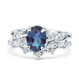 Two Piece Oval Lab Alexandrite Leaf Style Chevron Rings 925 Sterling Silver