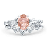 Two Piece Oval Morganite CZ Leaf Style Chevron Rings 925 Sterling Silver
