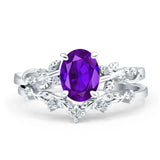 Two Piece Oval Natural Amethyst Leaf Style Chevron Rings 925 Sterling Silver