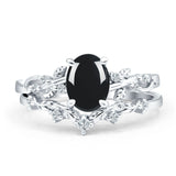 Two Piece Oval Natural Black Onyx Leaf Style Chevron Rings 925 Sterling Silver