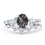 Two Piece Oval Natural Rutilated Quartz Leaf Style Chevron Rings 925 Sterling Silver