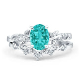 Two Piece Oval Paraiba Tourmaline CZ Leaf Style Chevron Rings 925 Sterling Silver