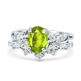 Two Piece Oval Peridot CZ Leaf Style Chevron Rings 925 Sterling Silver