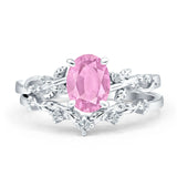 Two Piece Oval Pink CZ Leaf Style Chevron Rings 925 Sterling Silver