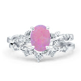 Two Piece Oval Lab Created Pink Opal Leaf Style Chevron Rings 925 Sterling Silver