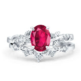 Two Piece Oval Ruby CZ Leaf Style Chevron Rings 925 Sterling Silver