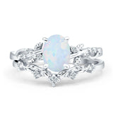 Two Piece Oval Lab Created White Opal Leaf Style Chevron Rings 925 Sterling Silver