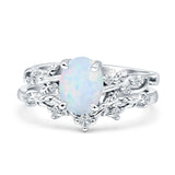 Two Piece Oval Lab Created White Opal Leaf Style Chevron Rings 925 Sterling Silver