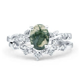Two Piece Oval Natural Green Moss Agate Chevron Ring 925 Stering Silver