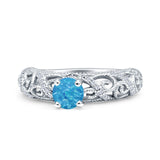 Art Deco Round Lab Created Blue Opal Filigree Ring 925 Sterling Silver