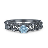 Art Deco 6.2mm Round Aquamarine CZ Beaded Filigree Ring 925 Sterling Silver