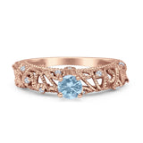 Art Deco 6.2mm Round Aquamarine CZ Beaded Filigree Ring 925 Sterling Silver