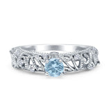 Art Deco 6.2mm Round Aquamarine CZ Beaded Filigree Ring 925 Sterling Silver