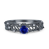 Art Deco 6.2mm Round Blue Sapphire CZ Beaded Filigree Ring 925 Sterling Silver