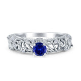 Art Deco 6.2mm Round Blue Sapphire CZ Beaded Filigree Ring 925 Sterling Silver