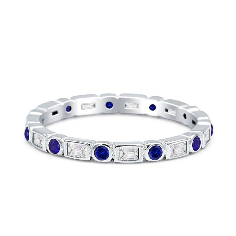 Minimalist 2.5mm Full Eternity Band CZ & Blue Sapphire CZ 925 Sterling Silver