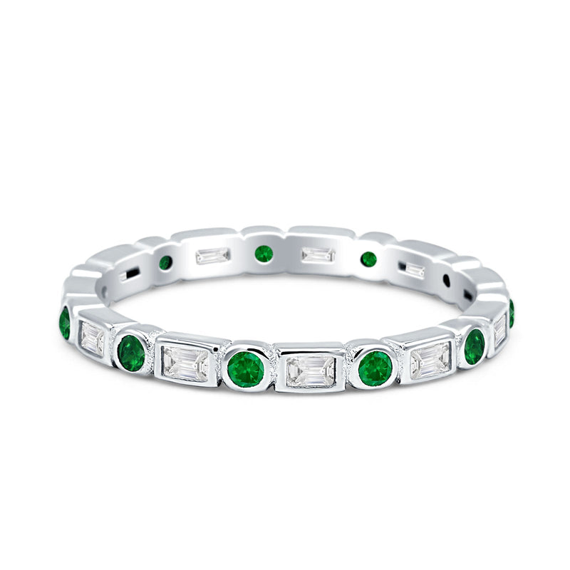 Minimalist 2.5mm Full Eternity Band CZ & Green Emerald CZ 925 Sterling Silver