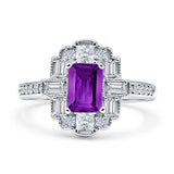 Art Deco Emerald Cut Amethyst CZ Floral Cocktail Ring 925 Sterling Silver