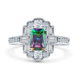 Art Deco Emerald Cut Rainbow CZ Floral Cocktail Ring 925 Sterling Silver