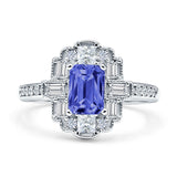 Art Deco Emerald Cut Tanzanite CZ Floral Cocktail Ring 925 Sterling Silver