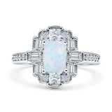 Art Deco Emerald Cut Lab Created White Opal Floral Cocktail Ring 925 Sterling Silver