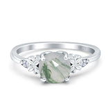 Art Deco Round Natural Green Moss Agate Floral Ring 925 Sterling Silver