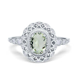 Art Deco Oval Natural Green Amethyst Prasiolite Cocktail Ring 925 Sterling Silver