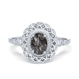 Art Deco Oval Natural Rutilated Quartz Cocktail Ring 925 Sterling Silver