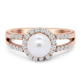 Pearl Round Halo CZ Split Shank Ring