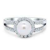 Pearl Round Halo CZ Split Shank Ring