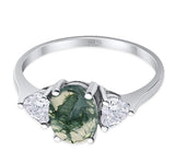 Three Stone Oval Natural Green Moss Agate Promise Ring 925 Sterling Silver
