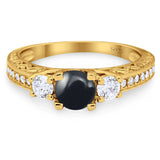 Three Stone Art Deco Round Natural Stone Ring