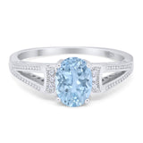 Oval Natural Aquamarine Split Shank Beaded Ring 925 Sterling Silver