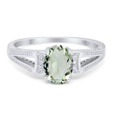 Oval Natural Green Amethyst Prasiolite Split Shank Beaded Ring 925 Sterling Silver