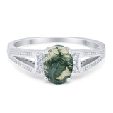 Oval Natural Green Moss Agate Split Shank Beaded Ring 925 Sterling Silver