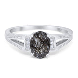 Oval Natural Rutilated Quartz Split Shank Beaded Ring 925 Sterling Silver