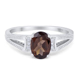 Oval Natural Chocolate Smoky Quartz Split Shank Beaded Ring 925 Sterling Silver