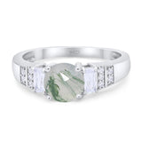 Art Deco Round Natural Green Moss Agate Three Stone Ring 925 Sterling Silver