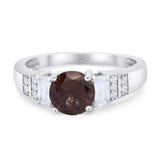 Art Deco Round Natural Chocolate Smoky Quartz Three Stone Ring 925 Sterling Silver