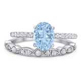 Two Piece Oval Natural Aquamarine Bridal Ring 925 Sterling Silver