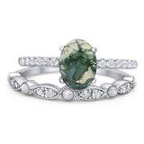 Two Piece Oval Natural Green Moss Agate Bridal Ring 925 Sterling Silver