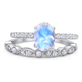 Two Piece Oval Natural Moonstone Bridal Ring 925 Sterling Silver