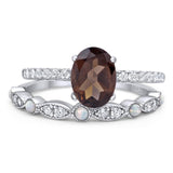 Two Piece Oval Natural Chocolate Smoky Quartz Bridal Ring 925 Sterling Silver