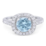 Round Natural Aquamarine Art Deco Halo Ring 925 Sterling Silver