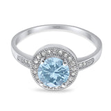 Art Deco Round Natural Aquamarine Ring Halo CZ 925 Sterling Silver