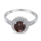 Art Deco Round Natural Chocolate Smoky Quartz Ring Halo CZ 925 Sterling Silver