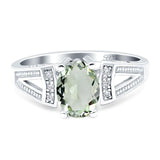 Oval Natural Green Amethyst Prasiolite Split Shank Beaded Ring 925 Sterling Silver