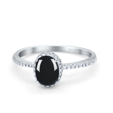 Art Deco Oval Natural Black Onyx Accent Hidden Halo Ring 925 Sterling Silver